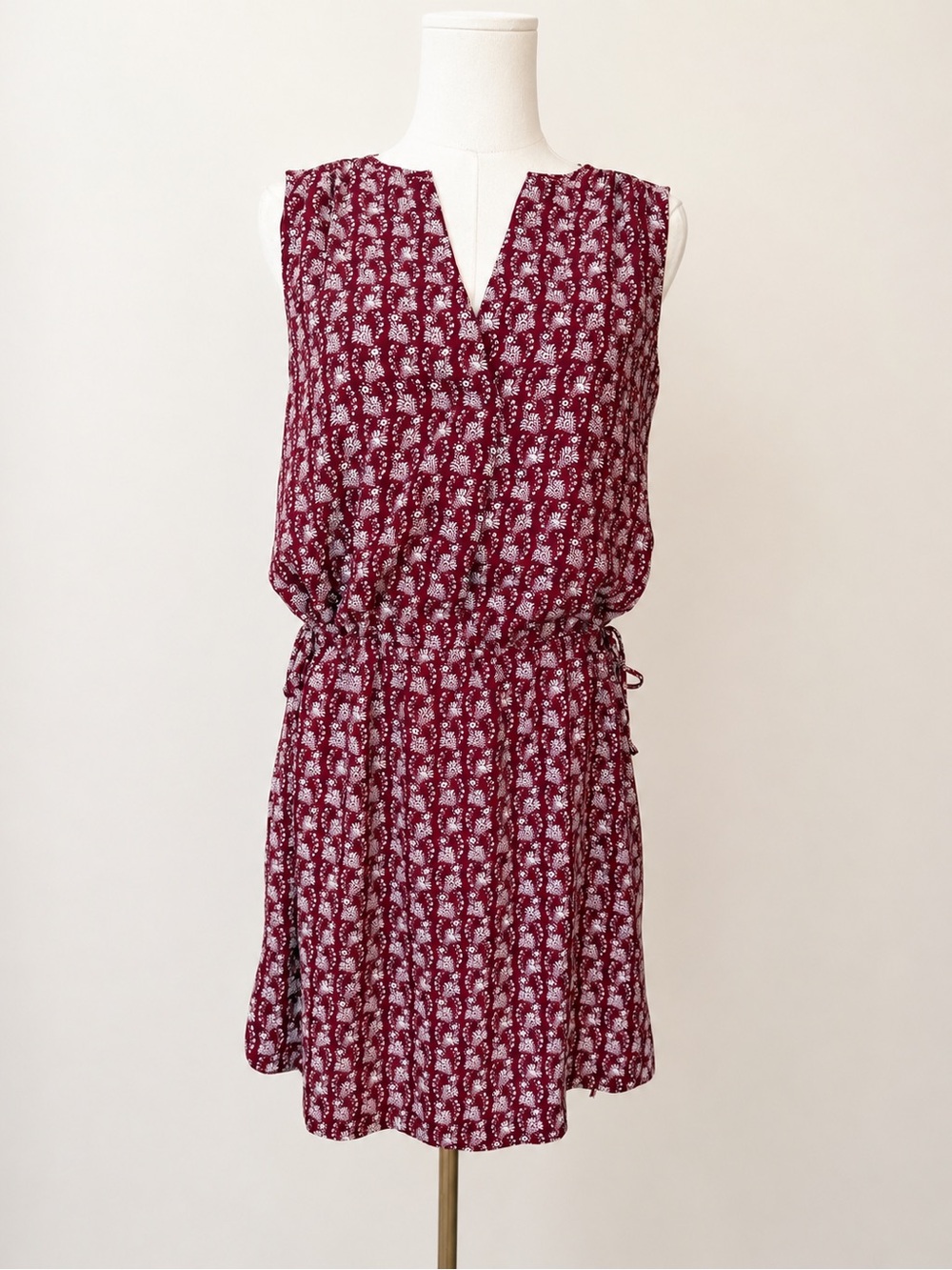 Gap XS Burgundy Floral Faux Wrap Drawstring Waist Sleeveless Dress